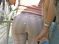 Damn, what a body! Big tits, slim waist and bubble butt in striped tight hot pants - that sounds delicious! And it looks even better!