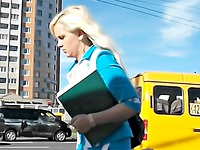 Don’t hesitate to click here and enjoy these hottest street ups featuring the charming blonde girl in blue outfits the short skirt of which is uncovering her charming black panty upskirt